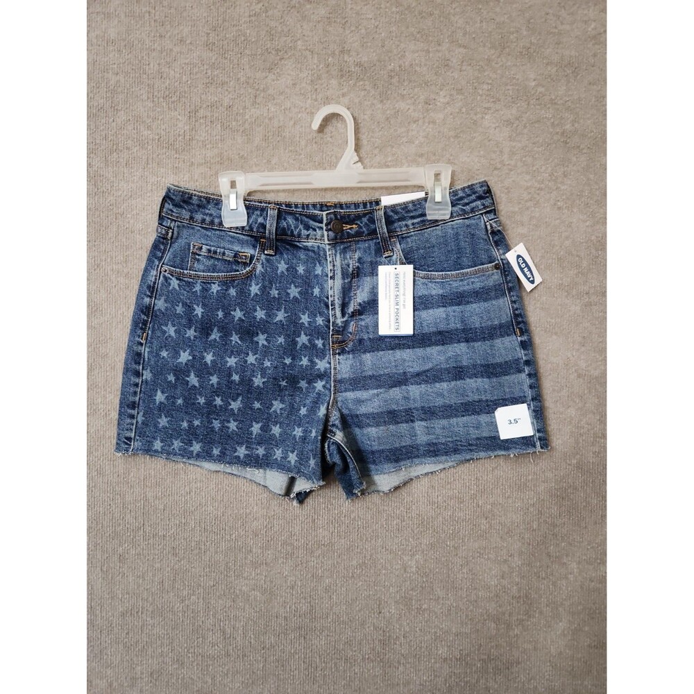 Old Navy Stars Stripes Denim Shorts Womens 12 Blue Raw Hem American Flag NEW